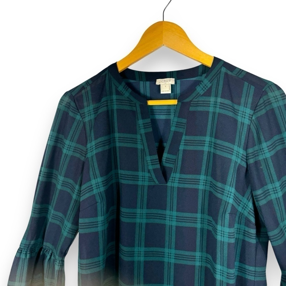 J Crew Factory V Neck Bell Sleeve Holiday Blouse, Black Watch Plaid, Size Small - Picture 4 of 10